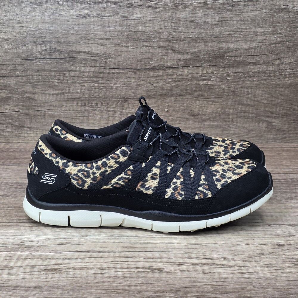 Skechers Gratis Wild Vibes Women's Sz 10 Black Brown Leopard Print Slip On Shoes